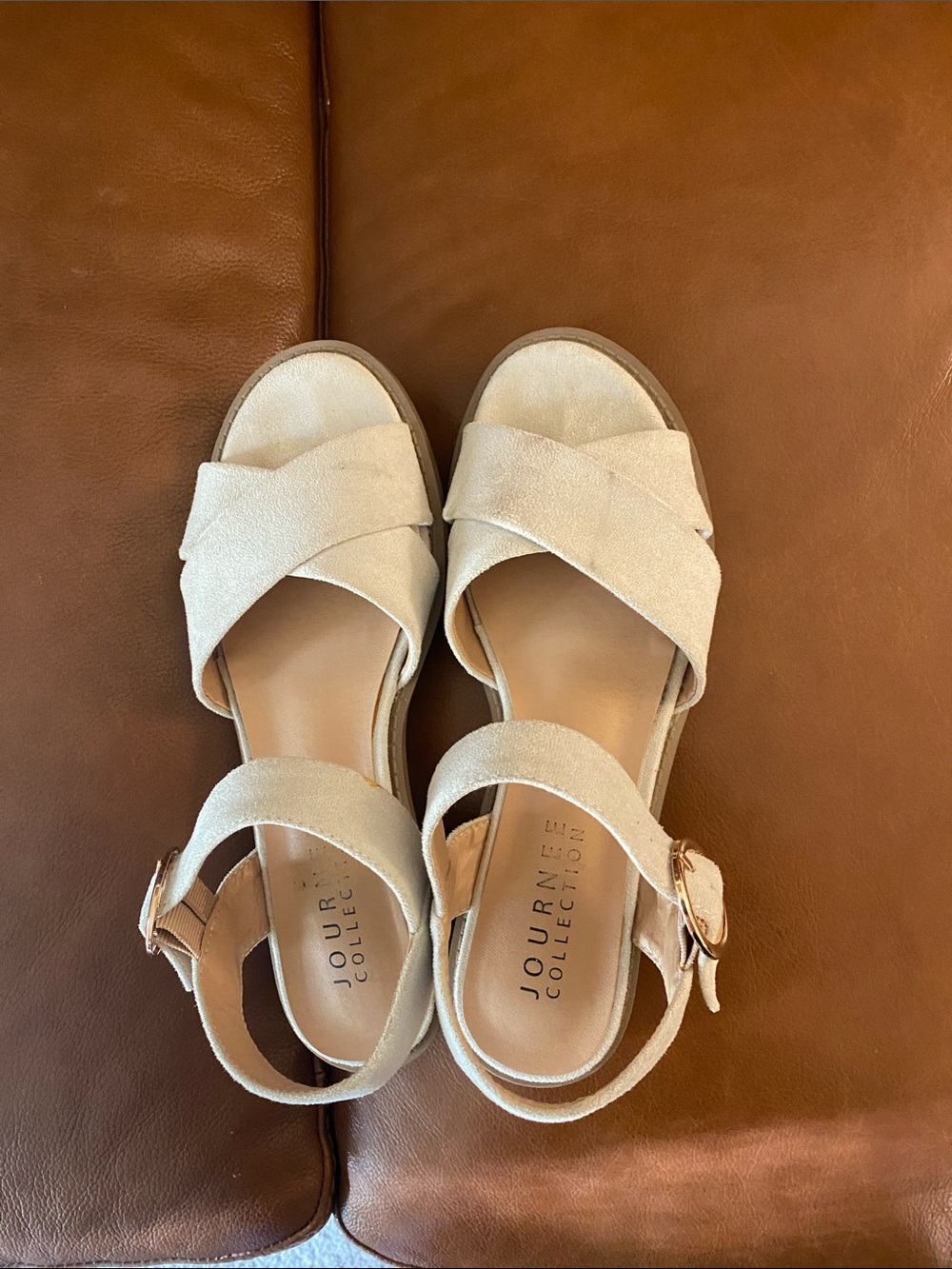 Journee Collection Women's Beige Crisscross Ankle Strap Sandals